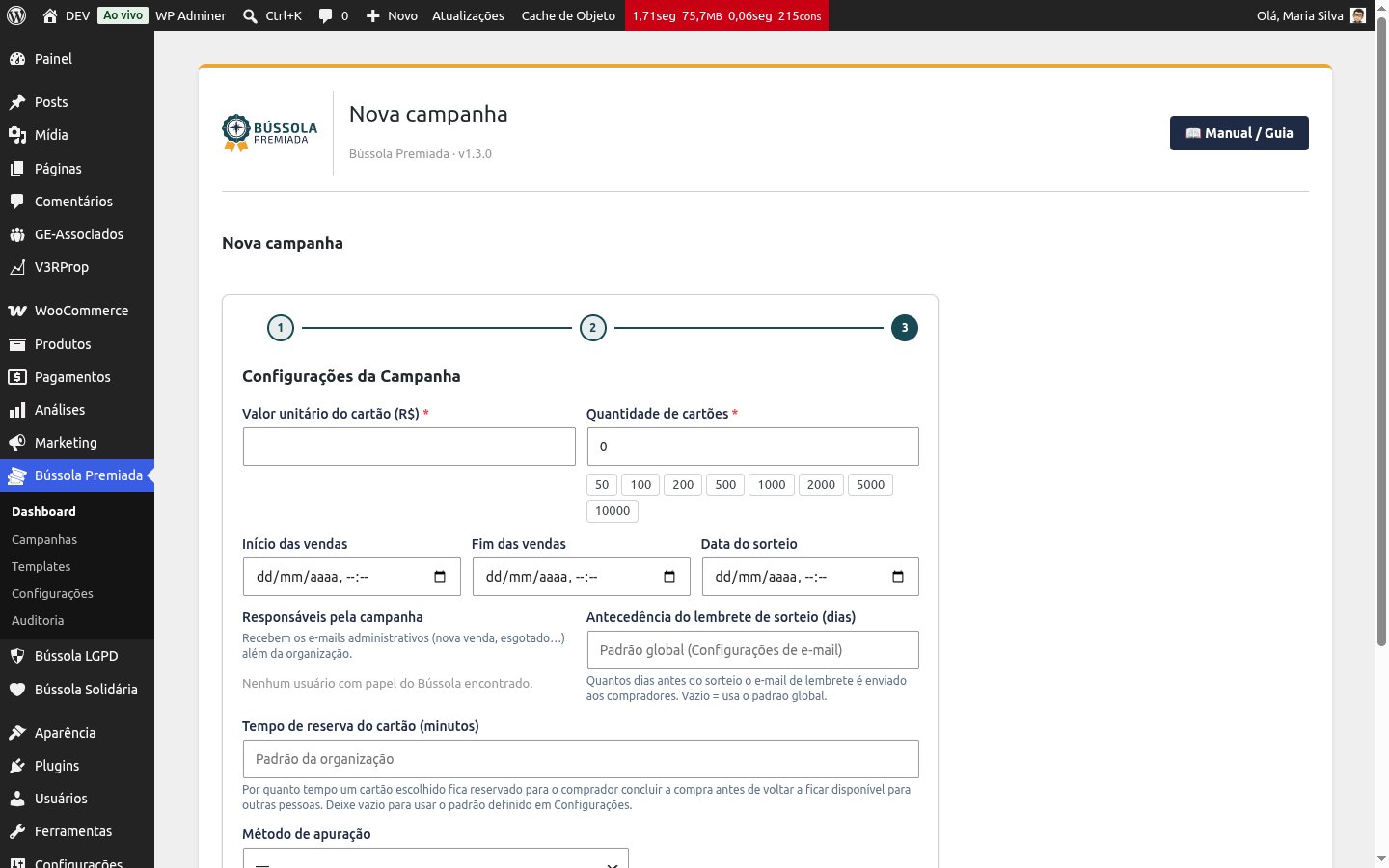 Etapa Configurações da Campanha