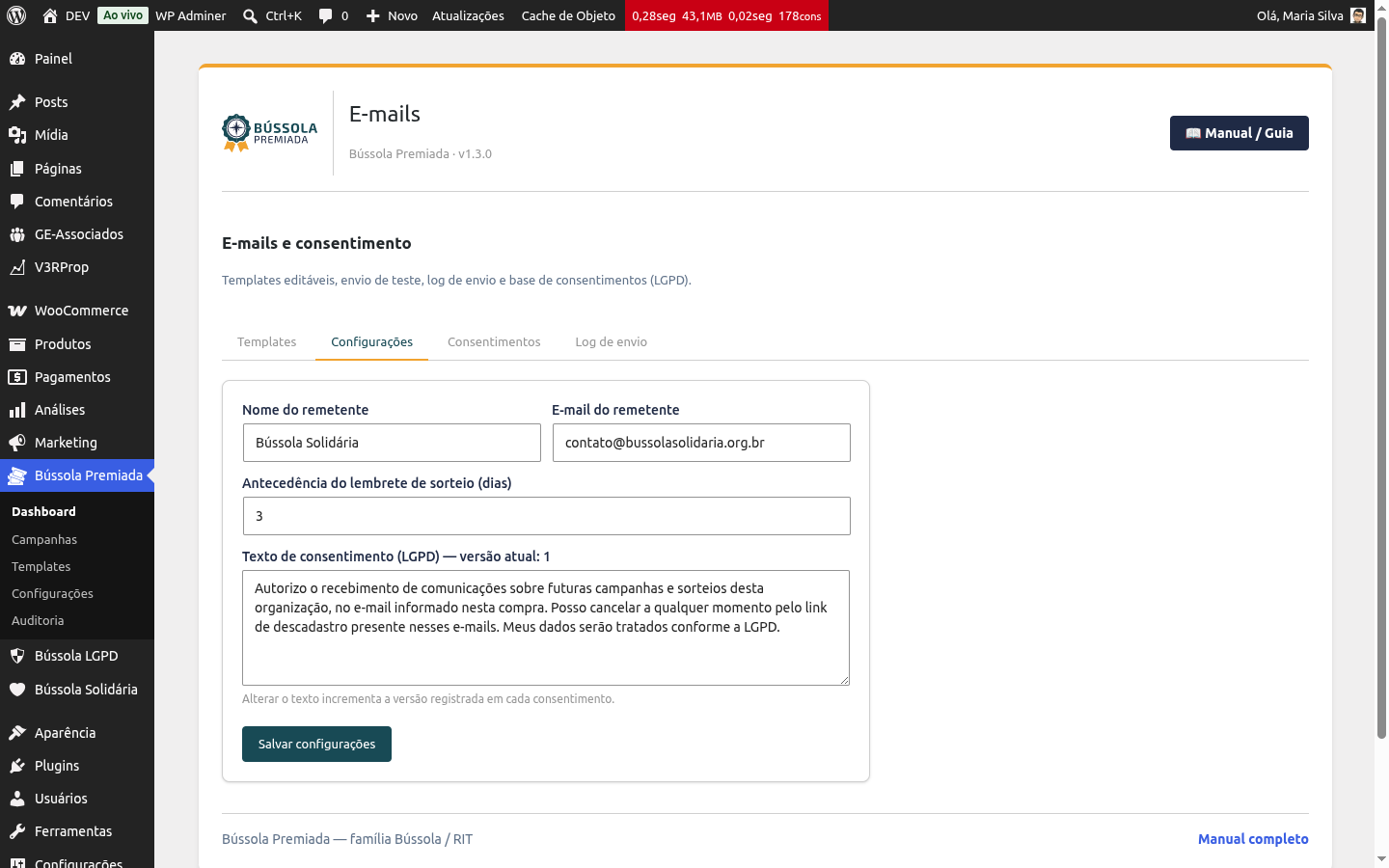 Aba Configurações de e-mail