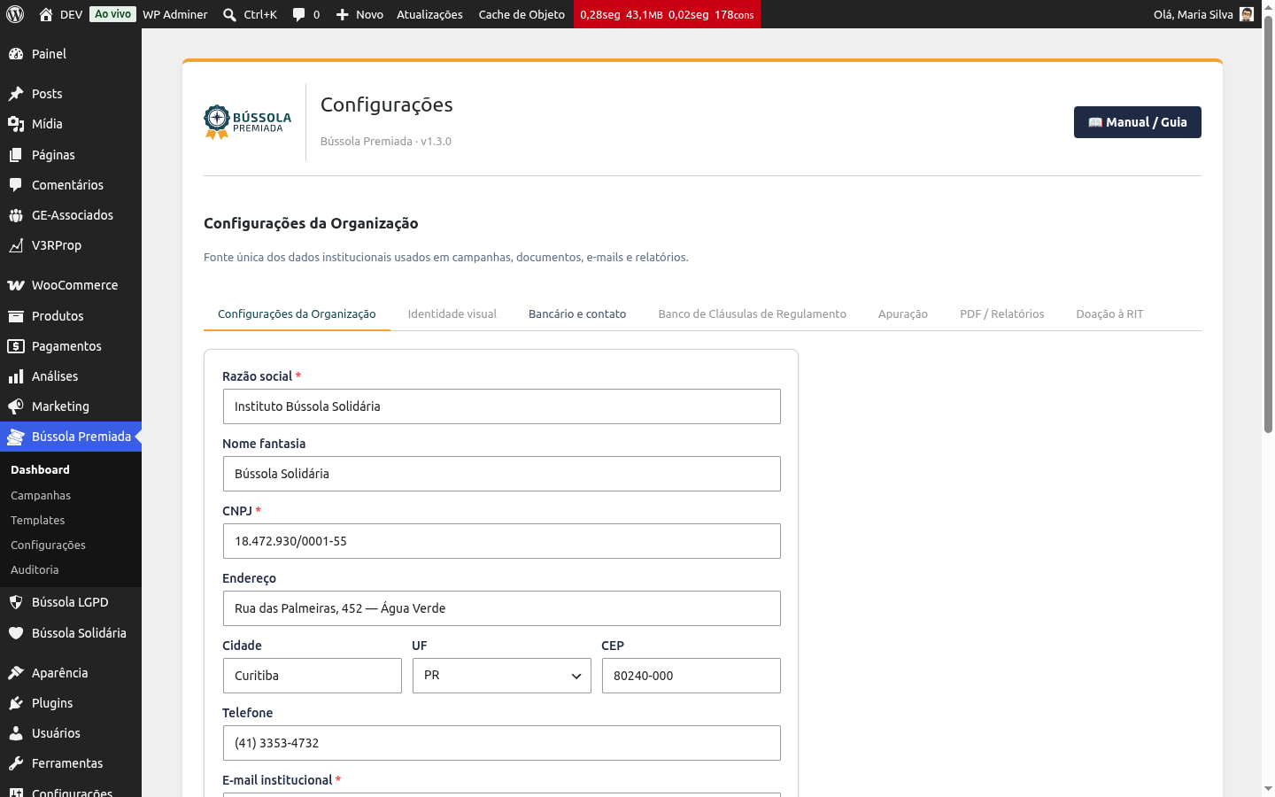 Aba Configurações da Organização