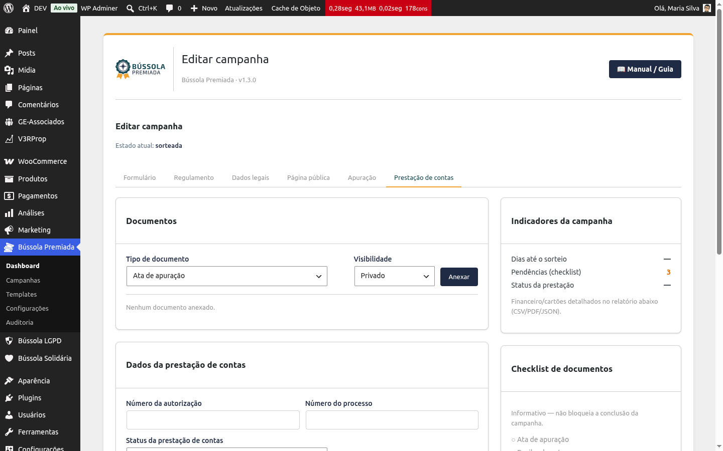 Aba Prestação de contas