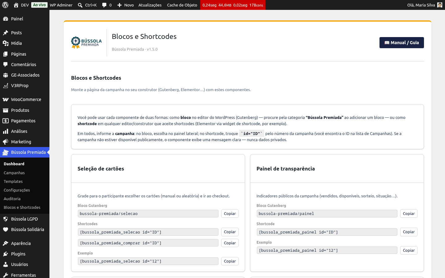 Página Blocos e Shortcodes no admin