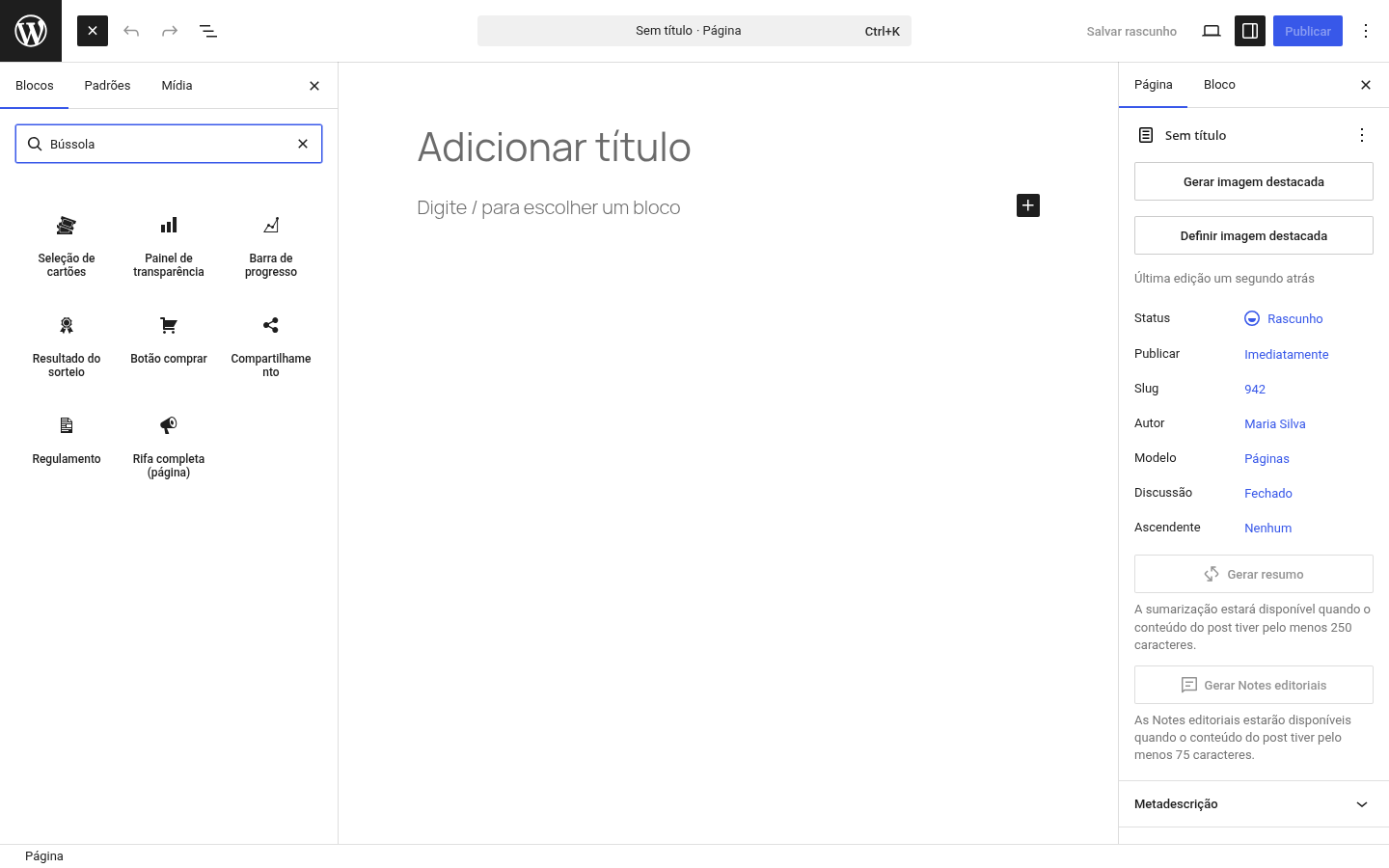 Bloco da Bússola Premiada no editor do WordPress
