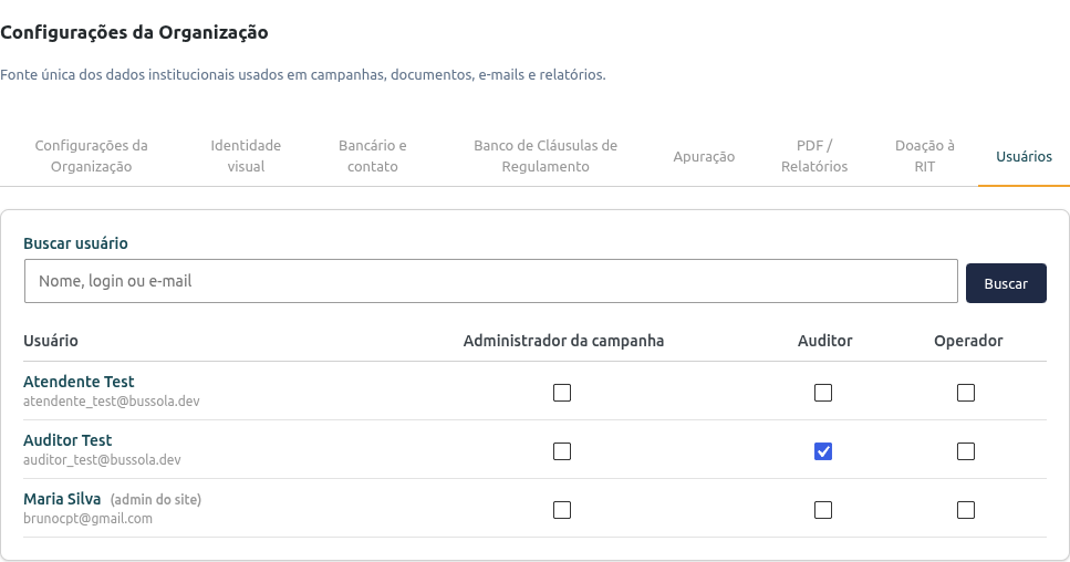Aba Usuários em Configurações