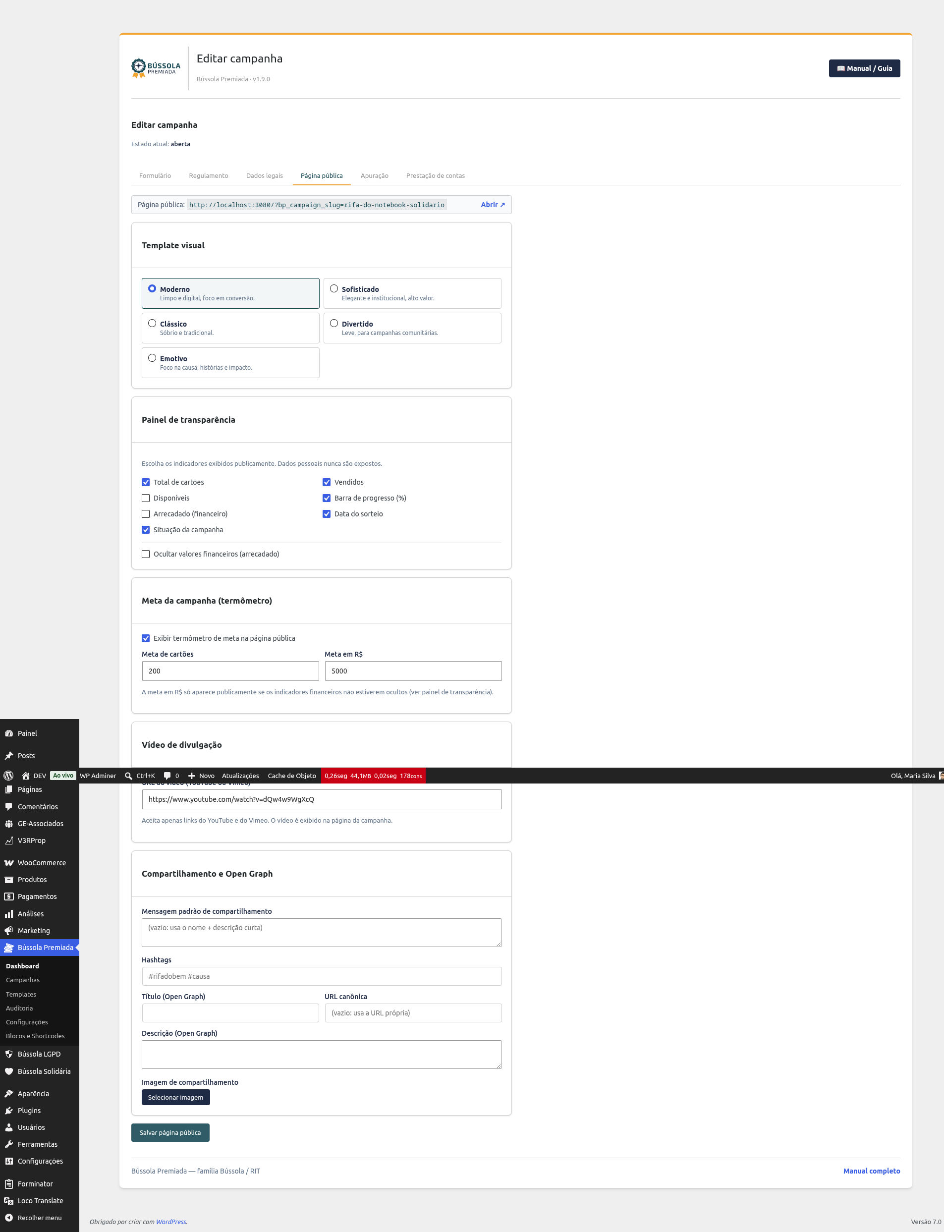 Configuração da meta e do vídeo na aba Página pública