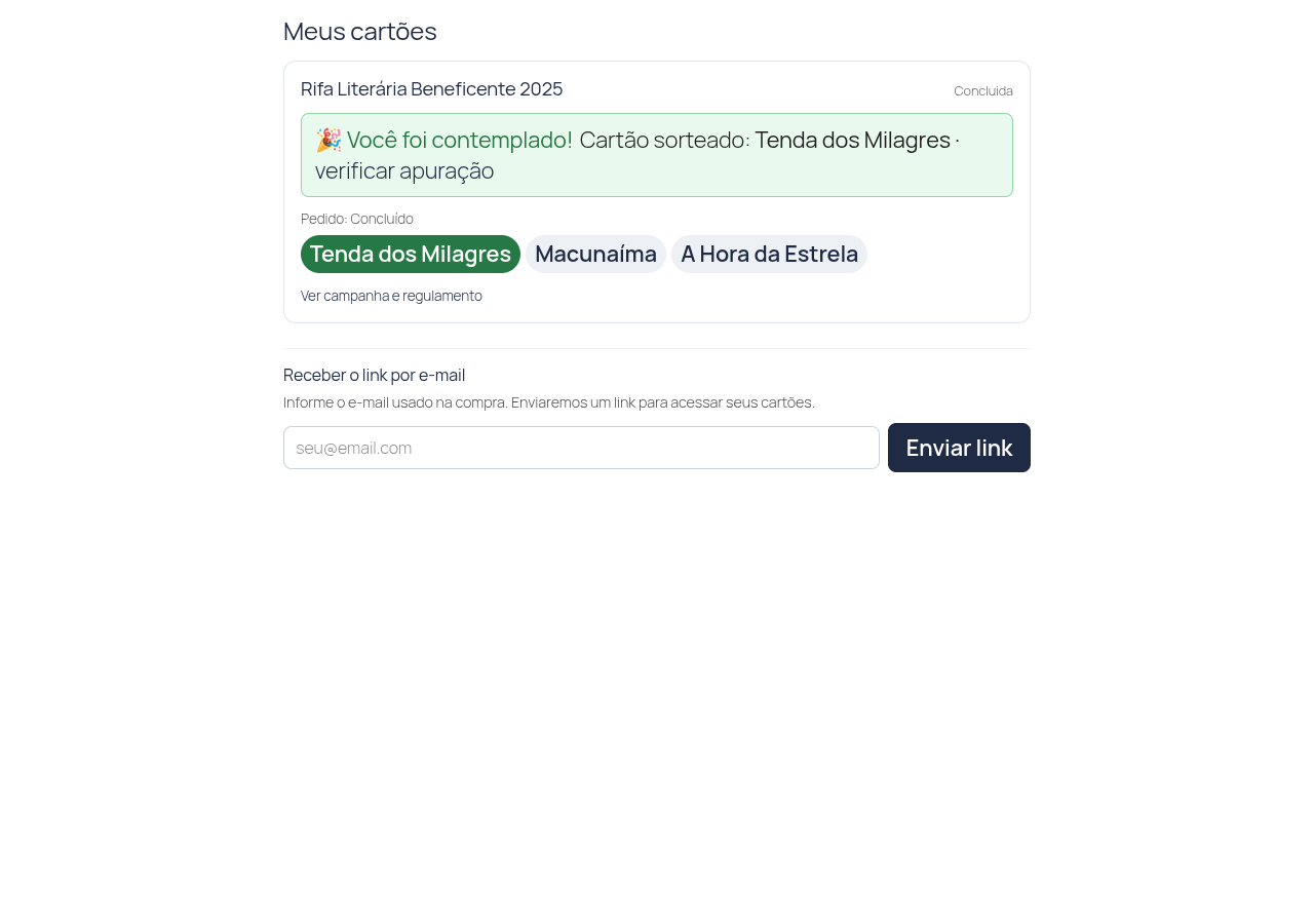 Painel Meus cartões com o resultado do sorteio