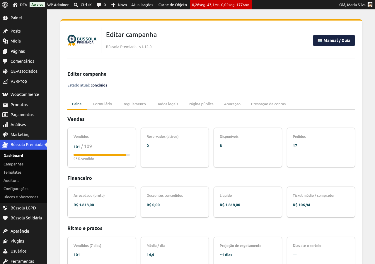 Seção de prestação de contas no painel de uma campanha concluída